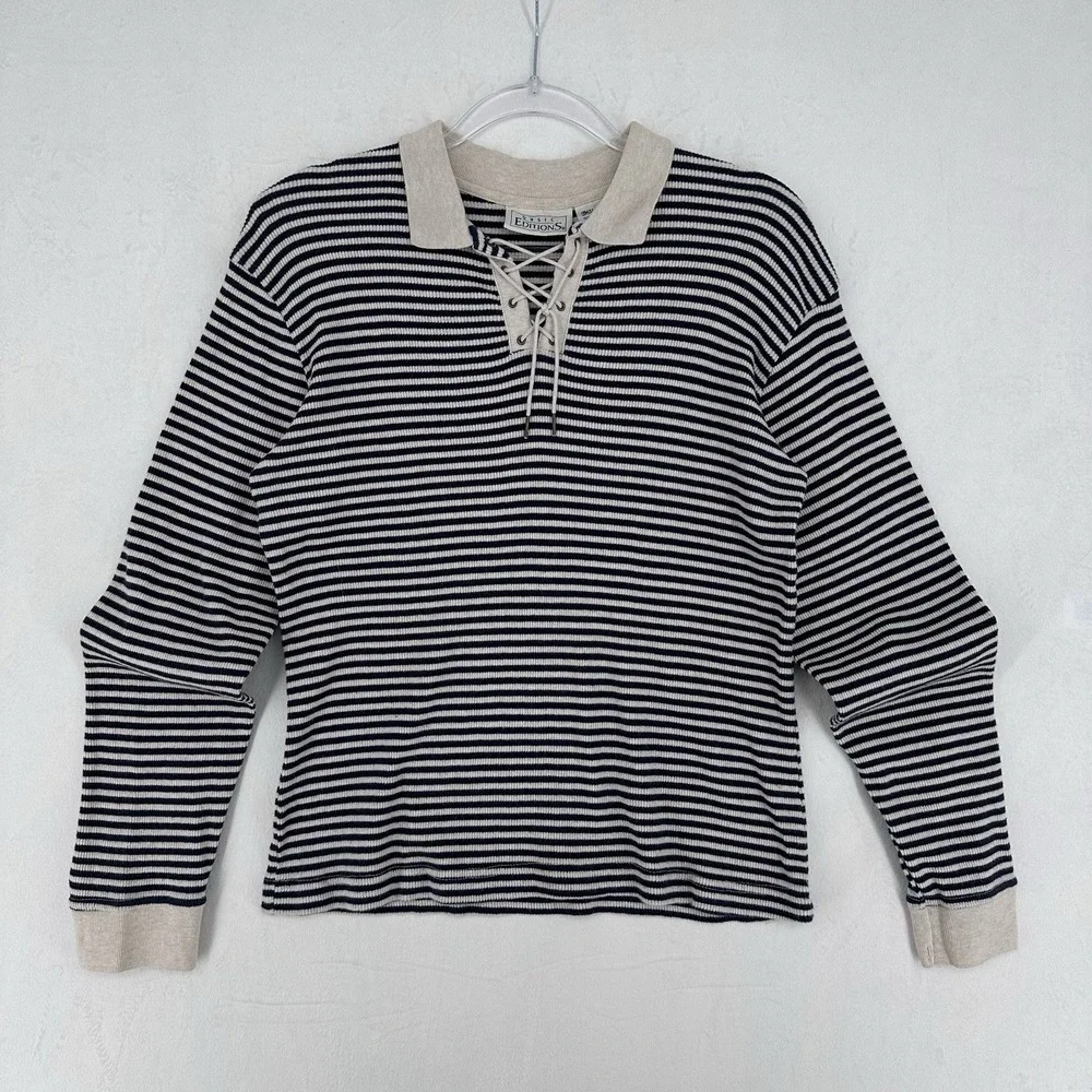Vintage Basic Edition Lace Up Top Womens Size Small Navy Blue Stripes 90s Y2K - Picture 3 of 9